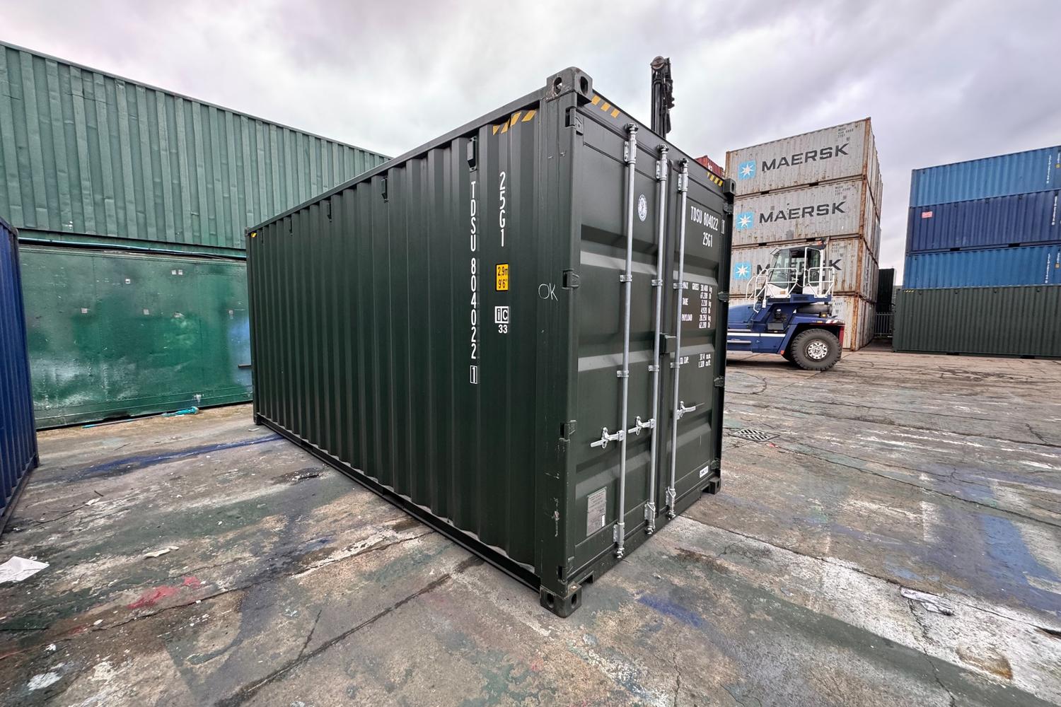 20 ft Shipping Container – Dark Green - Corten Steel, CSC Plated, 28mm Marine Ply Floor