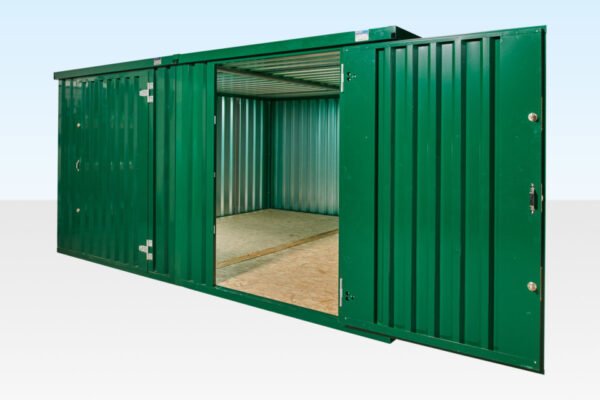 3m Side Linked Flat Pack Container Bundle – Powder Coated Green, 11.3m² Area, 2 Units + Linking Kit